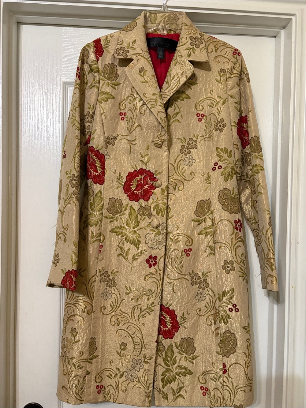 Apostrophe Beige Brocade Trench Coat with Red Floral Accents - Picture 2 of 5
